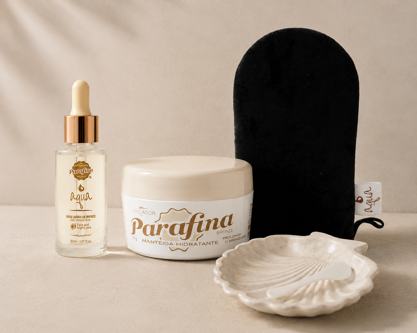 Kit Bronze Essencial -Autobronzeador + Prolongador de Bronze +Luva +Concha +Espátula