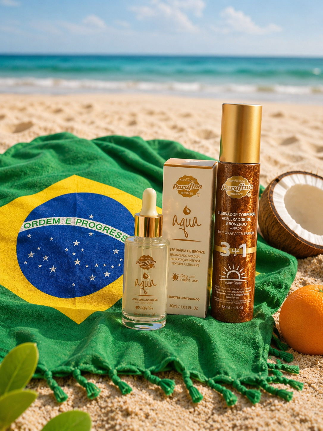 Kit Glow da Copa- Booster Autobronzeador + Solar Shine Iluminador + Canga do Brasil